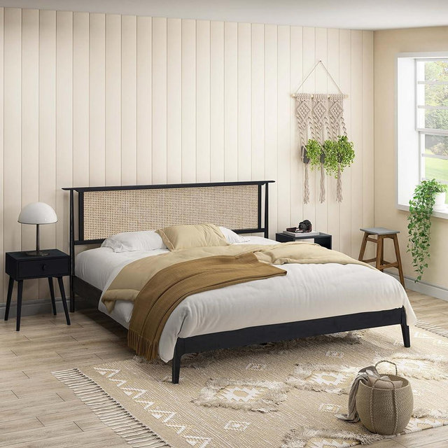 NTC Ruby Wooden Bed Frame with Headboard and Natural Rattan, Solid Oak Foundation with Silent Slats, 1000 Lb Capacity, Effortless Assembly, King - Burnt Black