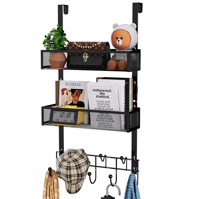 HapiRm Over the Door Hanger with Coat Hooks and 2 Baskets, Rustproof & Waterproof Over the Door Hooks, Storage Organizer for Hats, Bathroom, Kitchen, Bedroom-Black (for 1.76in Doors)