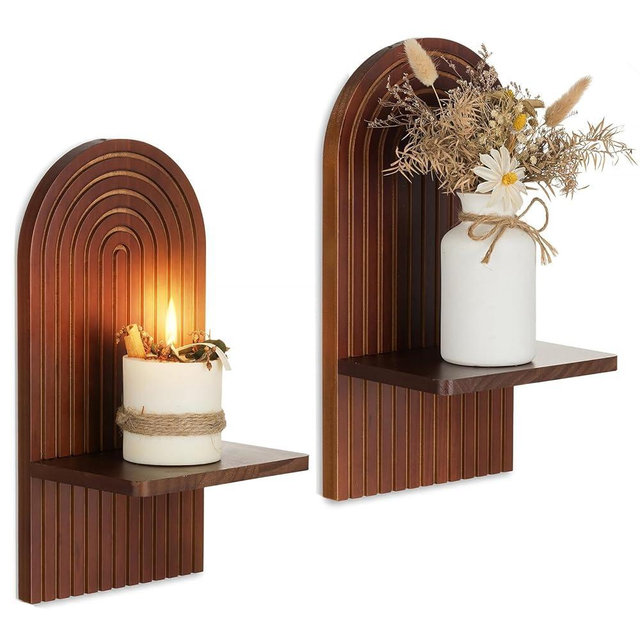 Walasis Mid Century Modern Candle Sconces: Set of 2 Walnut Boho Wall Candle Holder Decor for Living Room Fireplace - Arch Candle Shelf for Plants Pillars Candles