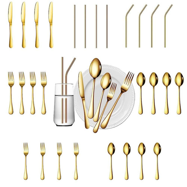 Gutuwellea 28 Pieces Gold Silverware Service for 4 Flatware Set Stainless Steel Utensils Cutlery Set Dishwasher Safe Flatware (Gold, 28)