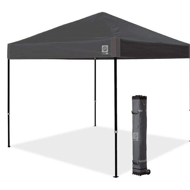 E-Z UP Ambassador Instant Shelter Canopy, 10' x 10', Roller Bag and 4 Piece Spike Set, Steel Gray