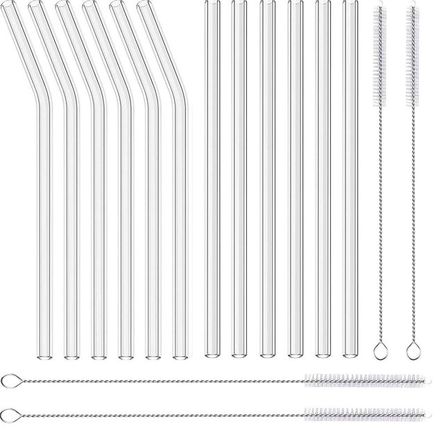 Reusable Glass Straw Set - 6 Straight & 6 Bent Clear Drinking Straws, Includes 4 Cleaning Brushes, Perfect for Smoothies, Coffee, and Water - Dishwasher Safe, Shatter Resistant, 8.5 inches × 10mm