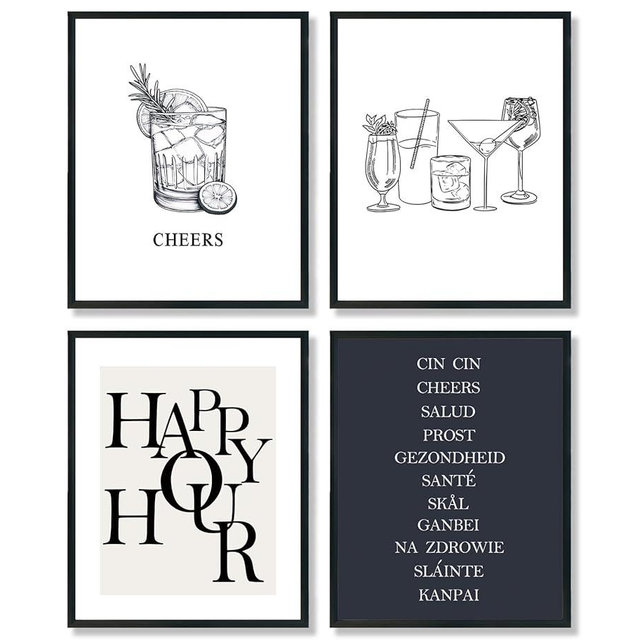 ULEGIE Bar Art Wall Decor, Black and White Minimalist Happy Hour Cheers Wall Art Decor Set of 4, Bar Cart Decor, Bar Posters for Home Lounge Bar Club Kitchen, 8x10 Inch Set of 4 Unframed