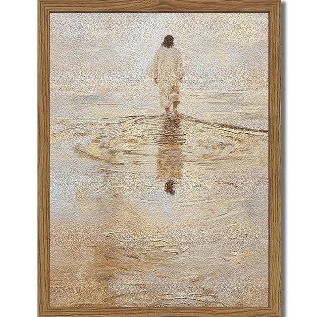 Hwetui Framed 3D Textured Christian Wall Art,Jesus Walking on Water Painting,Hand-Drawn Sandstone Picture,I Will Walk with Christ Religious Home Decor for Living Room Bedroom Church Prayer Room16x24in