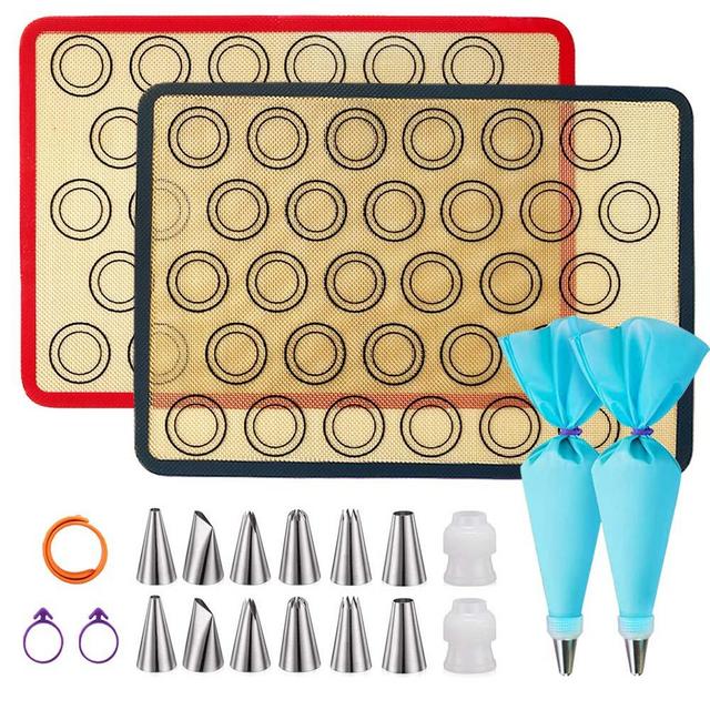 Silicone Baking Mats, JSDOIN of 2 Half Sheet Silicone Baking Mats, 12 Piping Tip, 2 Piping Bag and 2 Bag Tie - Reusable Nonstick Liners for Food Safe Baking Mat Kit(16"x11.8")