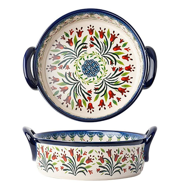 Bicuzat Vintage Style Tulip Flower Pattern Ceramic Bakeware Casserole Dish Baking Pan Lasagna Pans Baking Dish with Handles for Oven/Cooking/Kitchen-1 PCS-32 OZ