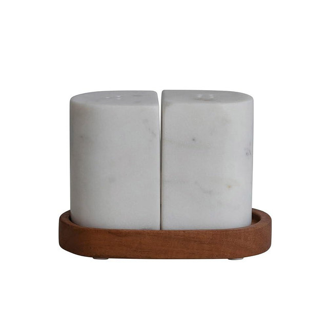Bloomingville Minimalist Marble Acacia Wood Tray, White and Natural, Set of 3 Pieces Salt and Pepper Shakers