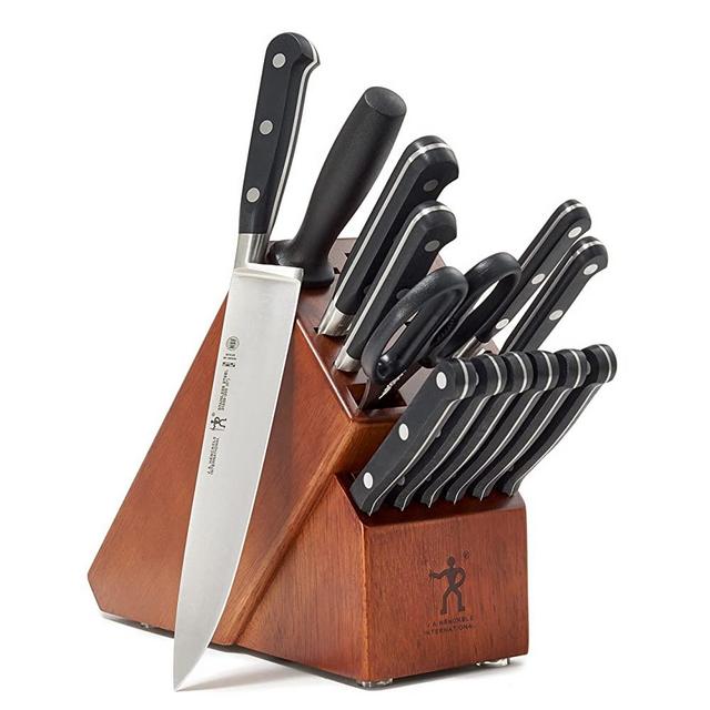 Henckels International Couteau 14-pc Knife Block Set, 6 Steak Knives, Paring Knife, Serrated Utility Knife, Prep Knife, Bread Knife, Chef’s Knife, Sharpening Steel & Kitchen Shears