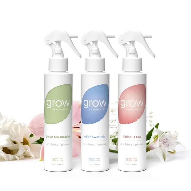 Grow Fragrance Certified Non Toxic, 100% Plant Based Fabric and Room Air Freshener Spray. Made w/All Natural Essential Oils (Spring 3 Pack - Wildflower Rain, Hibiscus Tea, Green Tea Matcha) 3 x 5oz