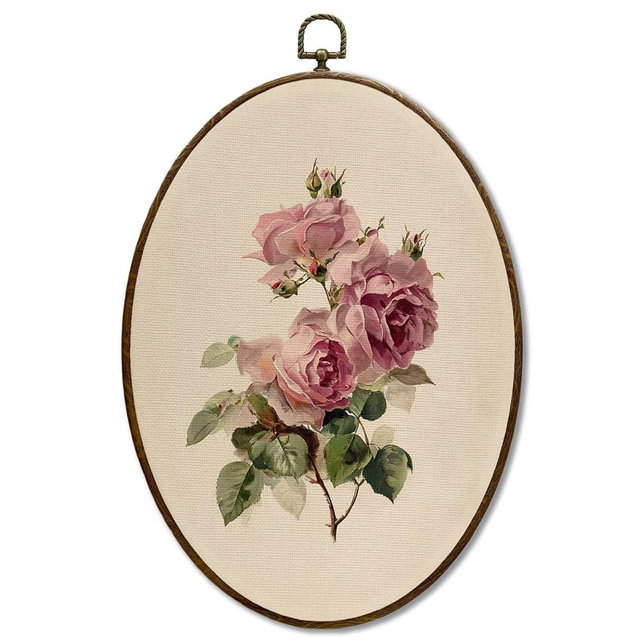 JQF Vintage Antique Pink Rose Oval Wall Art, Spring French Botanical Oval Canvas Wall Art, Rustic Cottagecore Floral Framed Prints Hanging Decor for Home Bedroom Living Room, 8.5x11.5 Inch