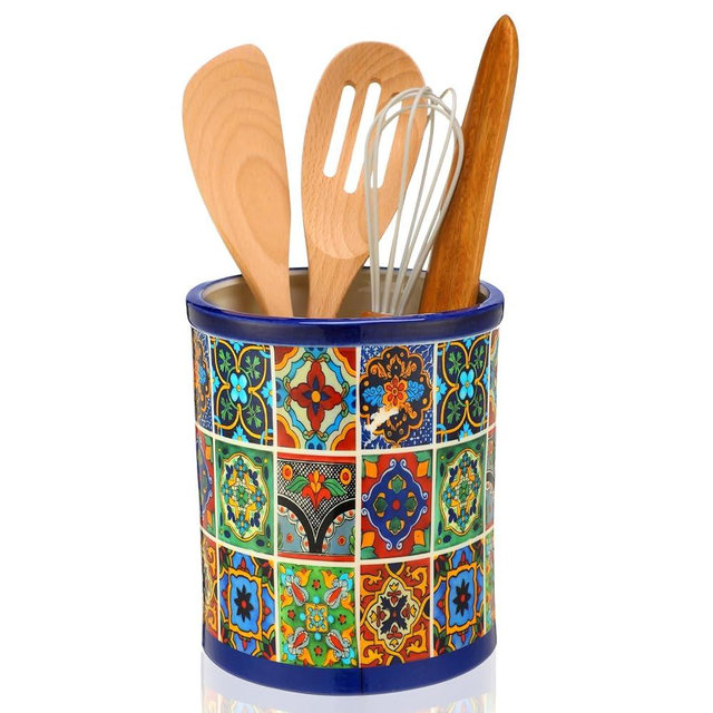 LemonRoad 6.7" H Talavera Utensil Holder for Kitchen Counter Mexican Pottery Ceramic Cooking Utensil Crock Modern Farmhouse Countertop Organizer for Spatula Ladle Kitchen Counter Decor