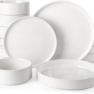 Famiware Nebula Dinnerware Set with Pasta Bowls, Service for 4 (16pcs), Fine Stoneware Plates and Bowls Sets, Microwave and Dishwasher Safe Dishes Set, White