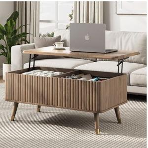 JOINICE Lift Top Coffee Table with Storage, Mid Century Modern Fluted Wood Design,Pop-Up Walnut Center Table with Hidden Compartment for Living Room & Home Office Work/Dining