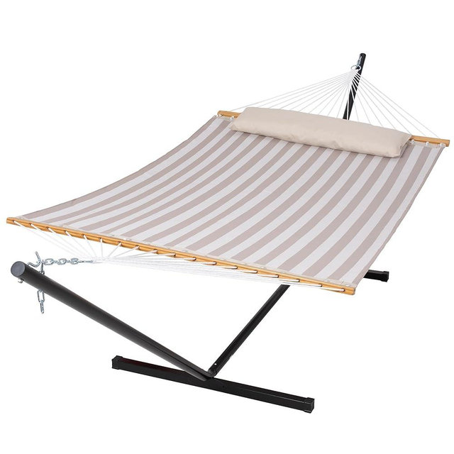 SUNCREAT Double Hammock and Stand Included, Large Heavy Duty Hammock with Stand, Light Gray Stripes