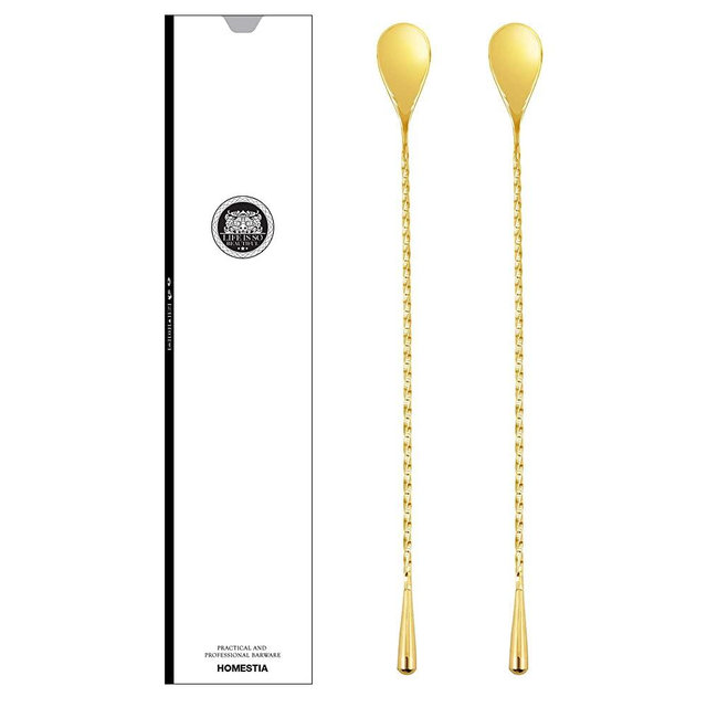 Homestia 12 inches Mixing Spoon Stainless Steel Spiral Pattern Cocktail Bar Spoon Set of 2(Gold)