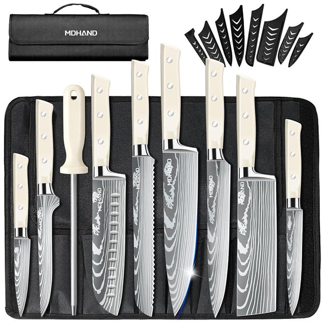MDHAND Professional Chef Knife Set with Roll Bag, 9PCS Japanese Kitchen Knife Set with Sharpener, High Carbon Stainless Steel Kitchen Knives - Forged Triple Rivet, Dishwasher Safe, Chef Gifts, White