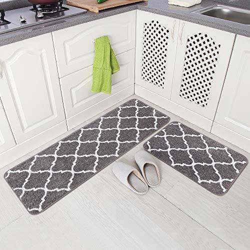 Carvapet 2 Pieces Microfiber Moroccan Trellis Non-Slip Soft Kitchen Mat Bath Rug Doormat Runner Carpet Set, 17"x48"+17"x24", Grey