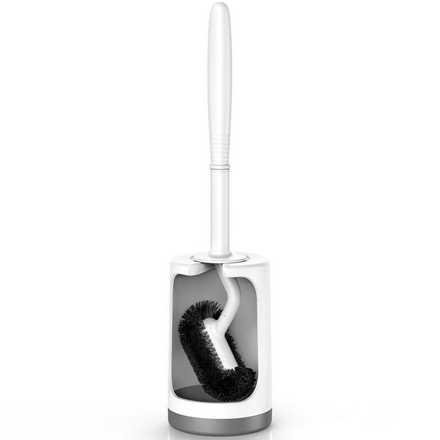 HAMITOR Toilet Bowl Brush Holder Set: Curved Design with Holder for Deep Cleaning Under Rim - Compact Hidden Scrubber for Small Space - Modern RV Bathroom Accessories - White