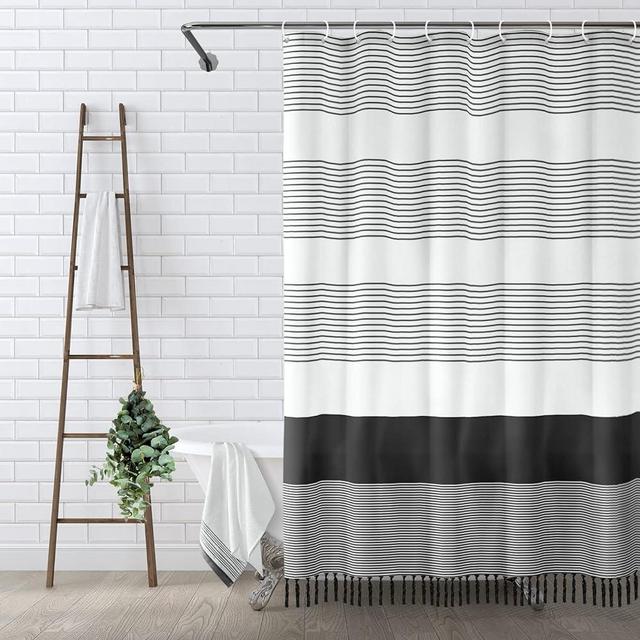 Awellife Black and White Shower Curtain for Bathroom Black Tassel Stripe Shower Curtain 72 X 72 Inches Farmhouse Linen
