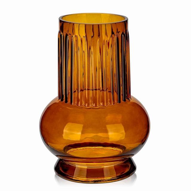 Brown Ribbed Glass Vase, 7" x 3.5" Thickened Modern Flower Fluted Vase Hydroponic Ornament Arrangement for Home Living Room Wedding Centerpieces Office Table Decor