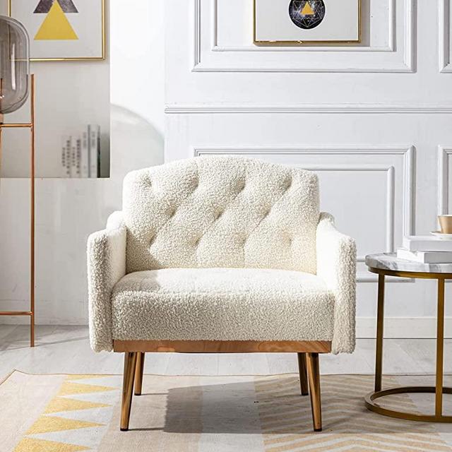Modern Accent Chair, Upholstered Single Sofa Arm Chair for Living Room and Bedroom, Upholstered Comfy Armchair Chair with Solid Tapered Metal Legs, White