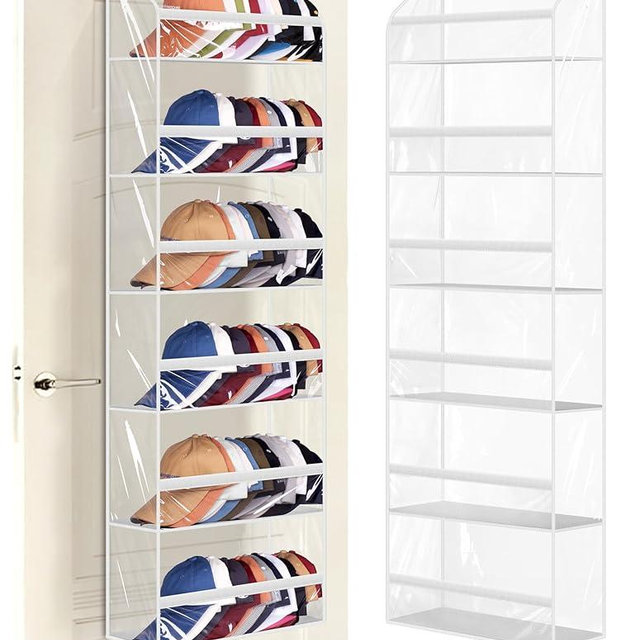 AOODA Clear Over the Door Hat Racks for Baseball Caps, Large Holds up to 72 Caps Hat Storage Organizer for Closet Wall, Deep Pockets Hanging Snapback Holder Shelves with 3 Hooks, White
