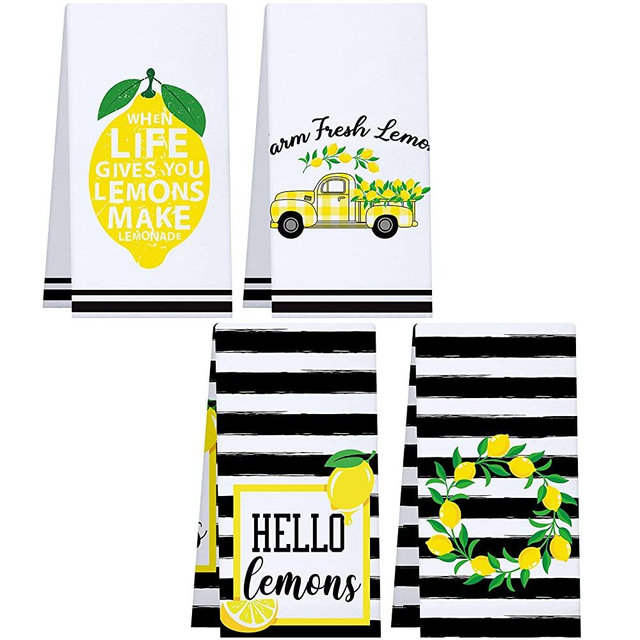 Patelai 4 Pieces Stripes Lemon Kitchen Dish Towels Hello Lemon Farm Fresh Lemon Yellow Check Truck Seasonal Spring Summer Ultra Absorbent Drying Cloth Tea Towels for Cooking Baking,18 x 28 Inch