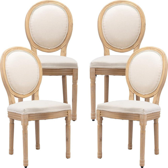YeahFurn French Country Dining Chairs Set of 4, Beige Round Back Dining Chairs with Linen Upholstered Seat, Solid Wood Legs, Farmhouse Kitchen & Dining Room Chairs, Sillas De Comedor (Beige, 4Pcs)