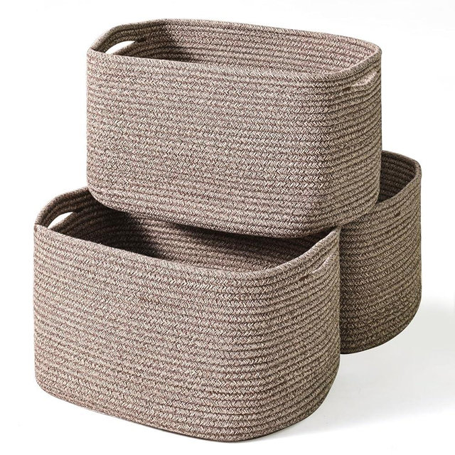 ICERZCZ Storage Baskets for Organizing Shelves, Woven Cotton Rope Bins for Baby Nursery Organization, Book Toy Towel Organizer, 15"x11"x9.5", 3 Packs, Dark Brown