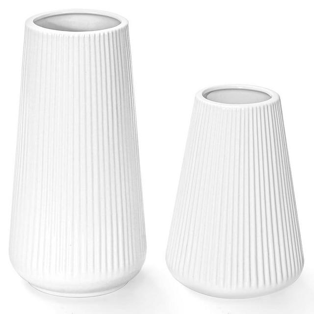 White Ceramic Vase, GUKJOB Flower Vase Ceramic Vase for Flowers, Decorative White Vase for Pampas Grass, Small Vase for Home Living Room Dining Table Farmhouse Office Decor (White - 2PCS)