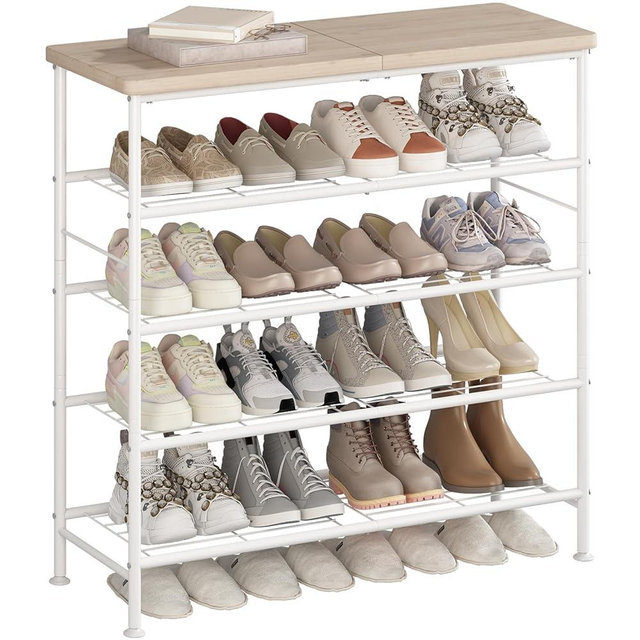 SUOERNUO Shoe Rack Organizer 5 Tier for Closet Entryway Free Standing Metal Storage Shoe Shelf with MDF Top Board，White+Oak