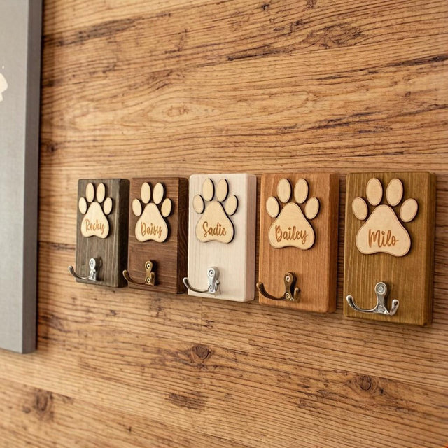 Personalized Wooden Pet Leash Hook – Custom Dog Name Hook, Wooden Pet Clothes Hanger, Dog Lover Gift, Wall Mount Organizer