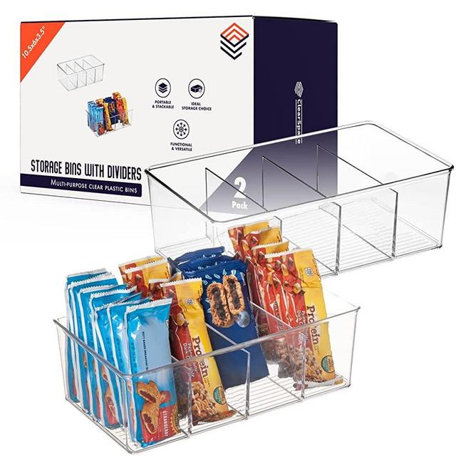 ClearSpace Plastic Pantry Organization Storage Bins with 4 Dividers (2 Pack) – Perfect Kitchen Organization Storage For Snacks, Candy, Bars, Chips, Juice Boxes – Refrigerator/Cabinet Organizer Bins