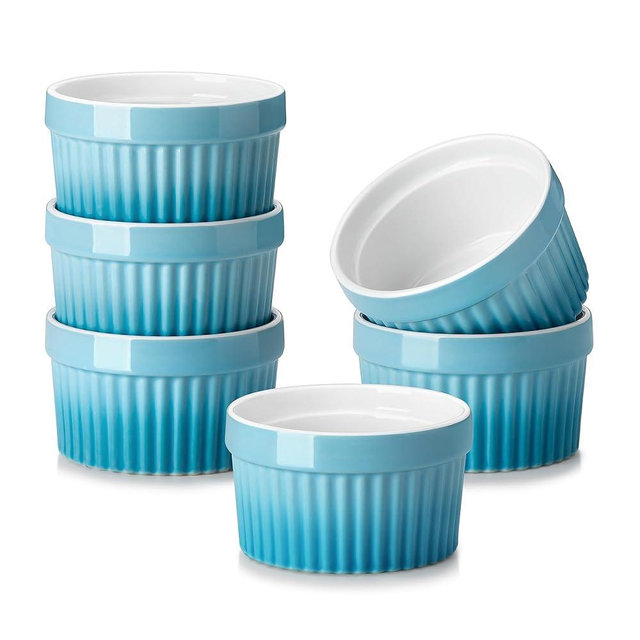 MALACASA Ramekins 6 oz Oven Safe, Small Ceramic Souffle Dishes for Creme Brulee Souffle, Stoneware Custard Cups Ramiken for Baking, Dessert Bowls Dipping Sauce Dish Set of 6, Blue, Series RAMEKIN-DISH