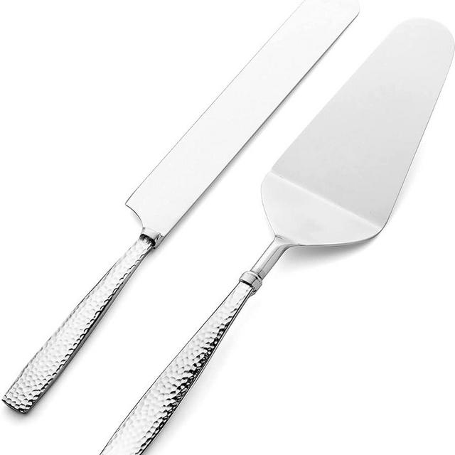 Simcs Handicrafts Premium Quality Hand Hammered Silver Plated Stainless Steel Cake Knife & Server Set For Weddings Home Parties Anniversaries Pastry Pie Serving & Knives Cutter Set
