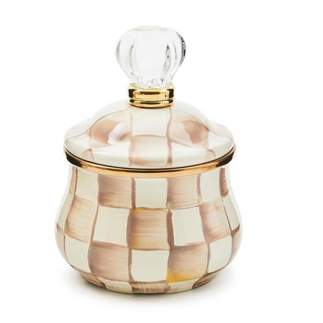 MACKENZIE-CHILDS Enamel Lidded Sugar Bowl, Small Serving Bowl with Lid, 10-Ounce Capacity, Brown-and-White Mocha Check