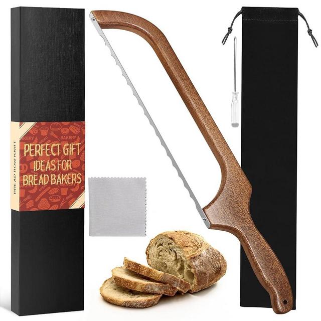 MOTAIPEAK Bread Bow Knife for Homemade Bread,15.5" Sapele Wood Sourdough Bread Knife,Premium Stainless Steel Serrated Saw Bread Cutter for Bread,Bagels,Fruits,Adjustable for Left and Right Hand Use