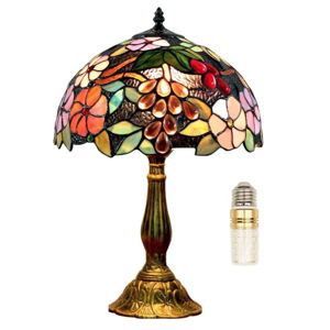 Tiffany Table Lamp Hand-Made Grape Rose Stained Glass Table Lamps Bedside Nightstand Lamp for Bedroom, Living Room, Home Office Desk Lamp,Home Deco Art,W/LED E26 Bulb,12X12X18Inch