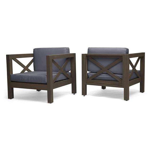Indira Outdoor Acacia Wood Club Chairs with Cushions (Set of 2), Gray Finish and Dark Gray