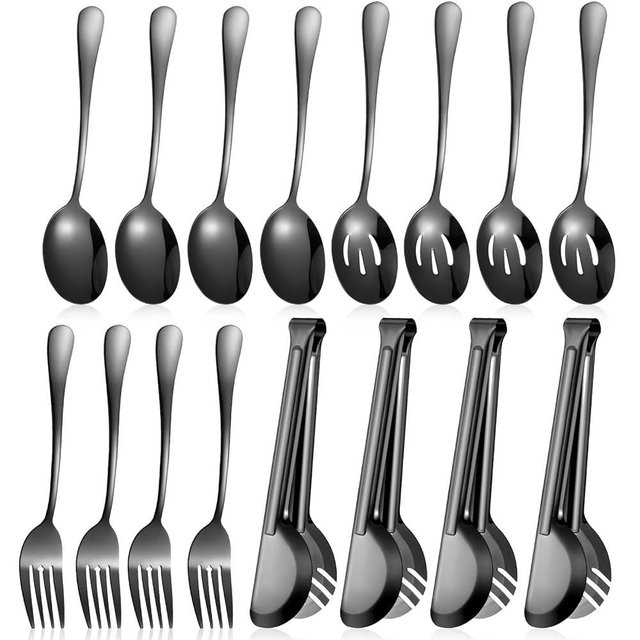 Patelai Stainless Steel Serving Utensils Set 8.7" Large Serving Spoons Slotted Spoon 9.45" Tong 9" Serving Forks Buffet Flatware for Kitchen Catering Banquet Wedding Party(Black, 15 Pieces)
