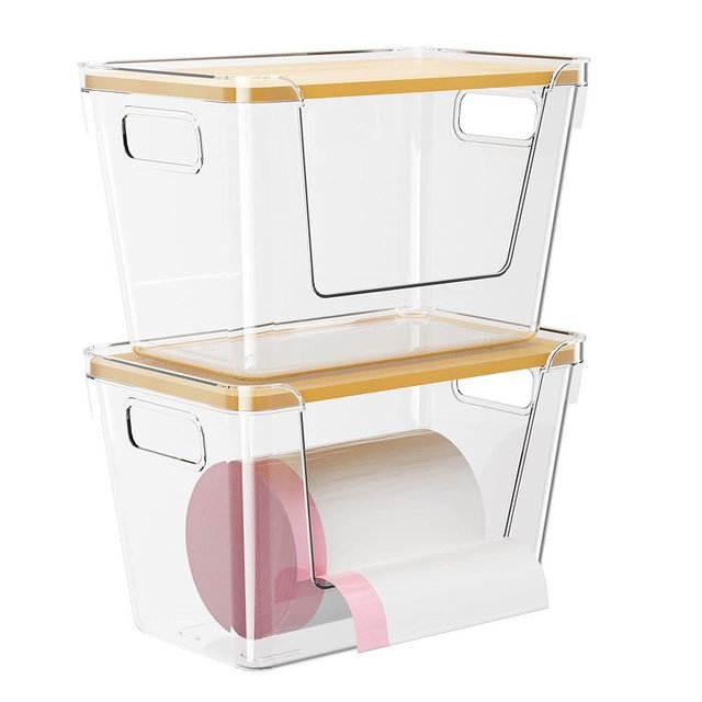 Delamu Trash Bag Dispenser with Bamboo Lid, Acrylic Trash Garbage Holder for 4-33 Gallon Bags, Space-Saving Under Sink Organizer for Kitchen, Cabinet, Pantry, 2 Pack