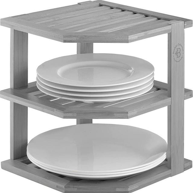 Bambüsi Bamboo Corner Shelf - Kitchen Countertop Organizer, Kitchen Counter Shelf - Corner Cabinet Organizer - Dish Organizer, Plate Organizer for Cabinet - Organizes and Saves Space (Grey)