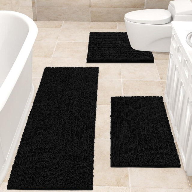 ACCUMTEK Upgrade Extra Large Black Bathroom Rug Set 3 Pieces Ultra Soft, Thick Absorbent Bath Mats, Non Slip Chenille Toilet Mat for Bathroom, Bedroom, Kitchen