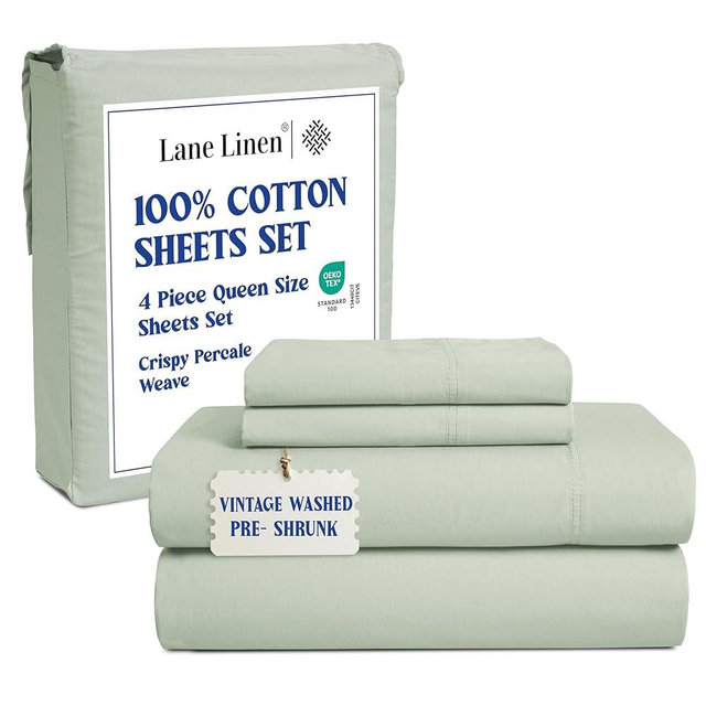 LANE LINEN 100% Mercerized Washed Cotton Queen Size Bedding Set, Machine Washable Luxury Hotel Like Crisp Percale Long Staple Sustainably Produced Queen Size Sheets - Mineral