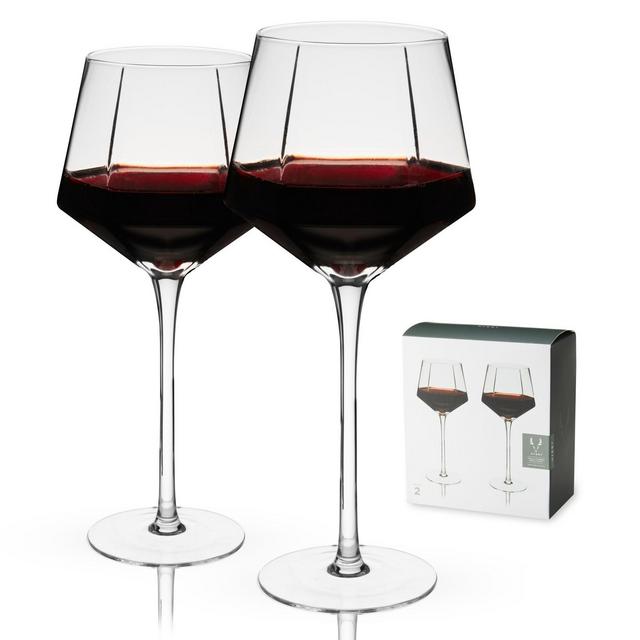 Viski Seneca Modern Wine Glasses - Long Stem Wine Glass Set for Red or White Wine - Dishwasher Safe Crystal 15.5oz Set of 2, Clear