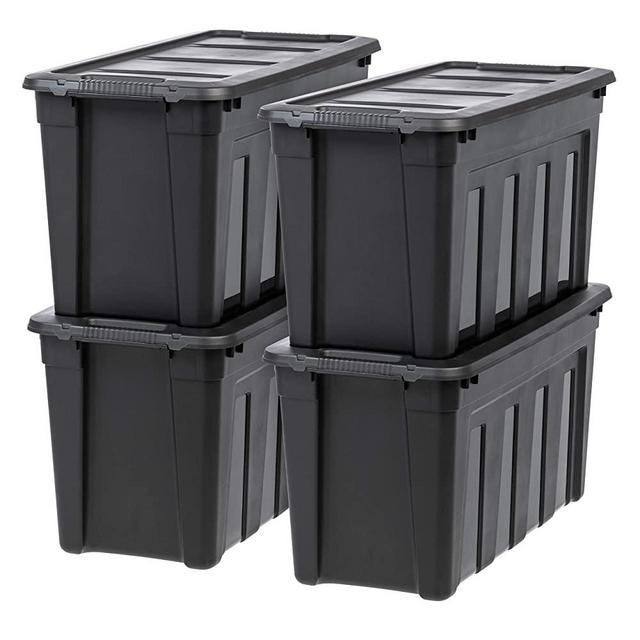 IRIS USA 31 Gallon Stackable Storage Containers with Lids and Easy-Grip Handles, Durable Plastic Totes for Bulky Items, Sporting Equipment, Seasonal Décor, and Garage Tool Storage, Black, 4-Pack