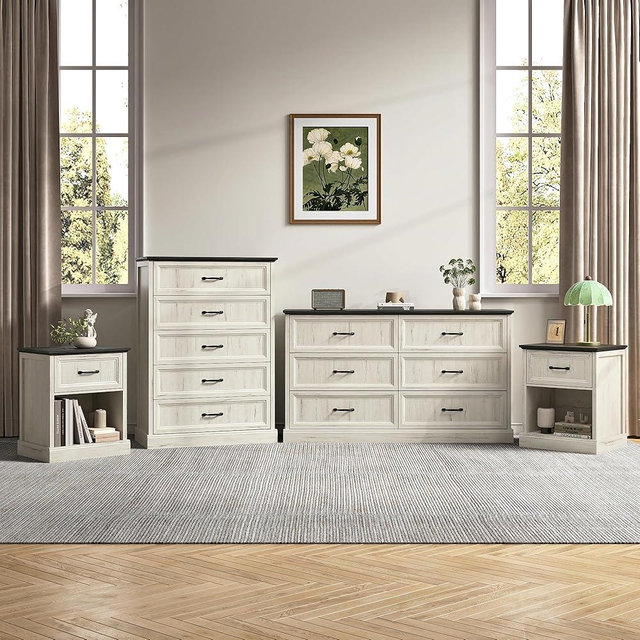 Tradare Farmhouse Dresser and Nightstand Sets, 4Pcs Bedroom Furniture Set, Nightstand Set of 2 & 55" Wide 6 Drawer and 44" Tall 5 Drawer Dresser with Large Drawers & Bar Handles, White