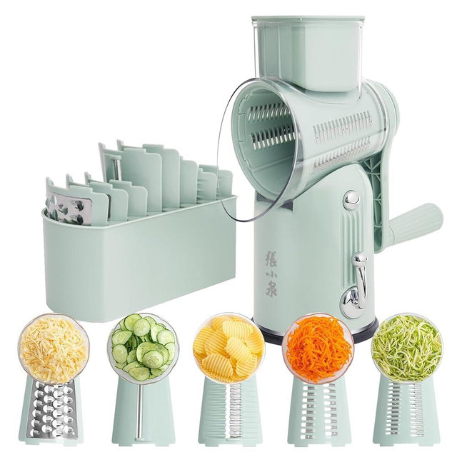 ZHANG XIAO QUAN SINCE 1628 5-in-1 Interchangeable Blades Rotary Cheese Grater Hand Crank, Cheese Shredder Mandoline Vegetable Julienne Slicer Cutter Nut Chopper with Anti-Slip Base, Blade Storage