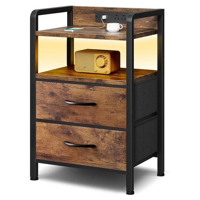 Lazzanto Night Stand Bedside Table Bedroom - Nightstand with Charging Station, Night Stand with LED Light Strip, End Table with U-S-B Ports & AC Outlets, Storage Shelf & 2 Fabric Drawers, Rustic Brown