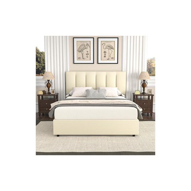 VECELO Queen Size Upholstered Bed Frame with 4 Storage Drawers and Adjustable Velvet Headboard, Beige